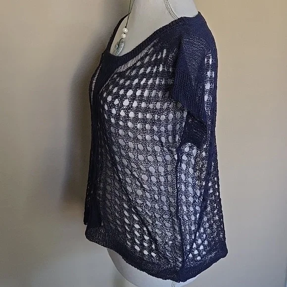 Anthropologie Little Yellow Bird Open Knit Pullover Crochet Top Navy EUC - XS - Picture 5 of 8